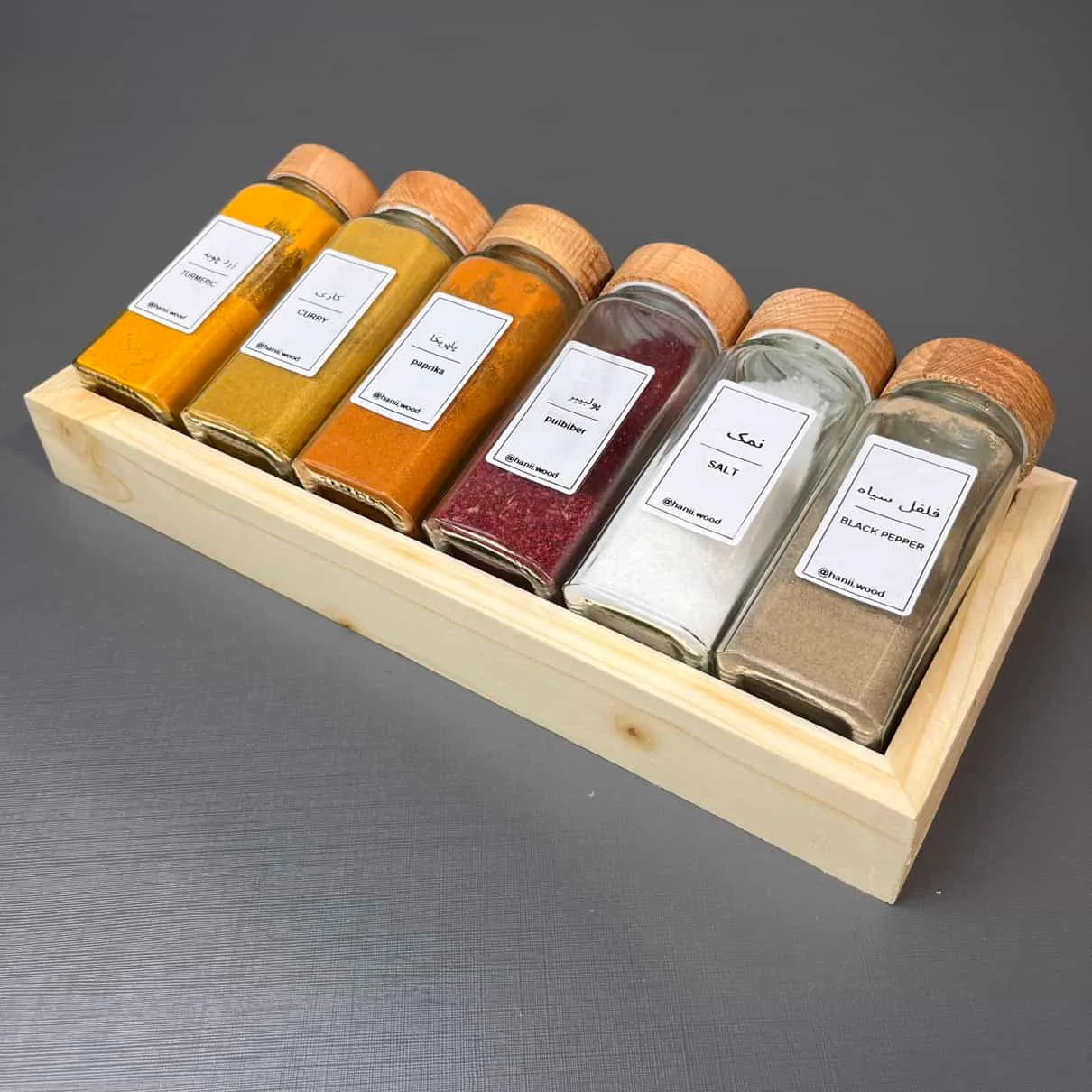پک نظم دهنده 6 تایی ادویه با شیشه در چوبی