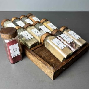 پک نظم دهنده 12 تایی ادویه با شیشه در چوبی  تیره به همراه لیبل